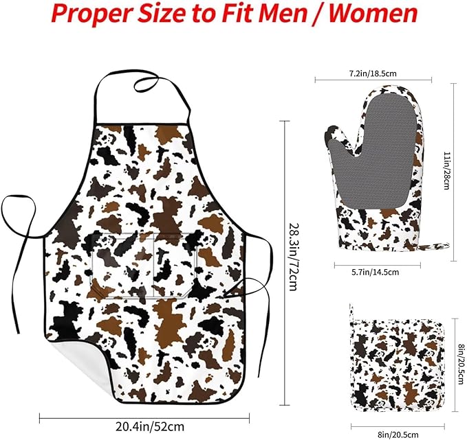 Cow Print Oven Mitts and Pot Holders with Apron Set of 5 Silicone Cowhide Brown Milk Cow Print Kitchen Mitts and Non-Slip Potholders Apron Set Heat Resistant Oven Gloves Hot Pads for Grilling