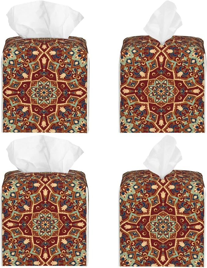 PVC Tissue Box Cover Holder,Mandala Square Decorative Organizer,5.2"X5.2"X5.2"Tissue Case for Bathroom,Tabletop,Car,Office