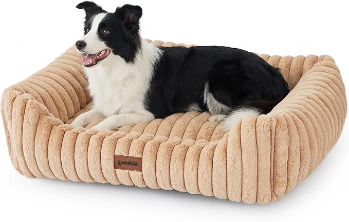 ZOMISIA Dog Bed Medium Size Dog - Large Rectangle Orthopedic Pet Bed with Fluffy Washable Cover and Anti-Slip Bottom, 30x24x9inches, Beige
