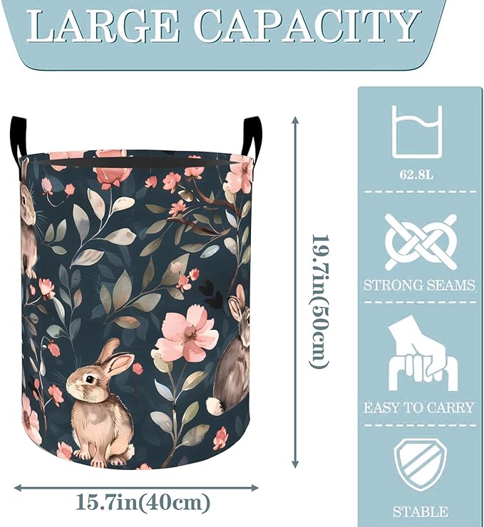 VODRM Cute Bunny and Floral Laundry Basket, Dirty Collapsible Clothes Toy Organizer Hamper for Kids Adults, Oxford Cloth Waterproof Storage Bin for Bedroom Bathroom Home Decor Gifts, 19.7"X15.7"