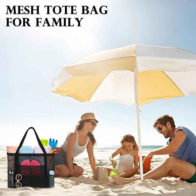 Fammart Mesh Beach Bag, Large Beach Tote with Zipper Pocket for Family Pool Bag for Toys & Vacation Essentials