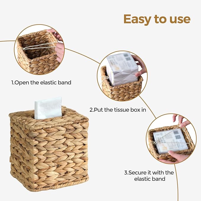 KALEKAIL Wicker Tissue Box Cover, Rattan Tissue Box Holder Square, Boho Decorative Woven Water Hyacinth Cube Tissue Holders for Bathroom Living Room Kitchen