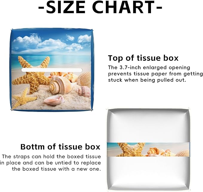 Beach Starfish Tissue Box Cover,Seashells PU Leather Tissue Box Holder Square,Modern Home Decoration for Bathroom Living Room Kitchen Office Car,5.2"×5.2"×5.2"