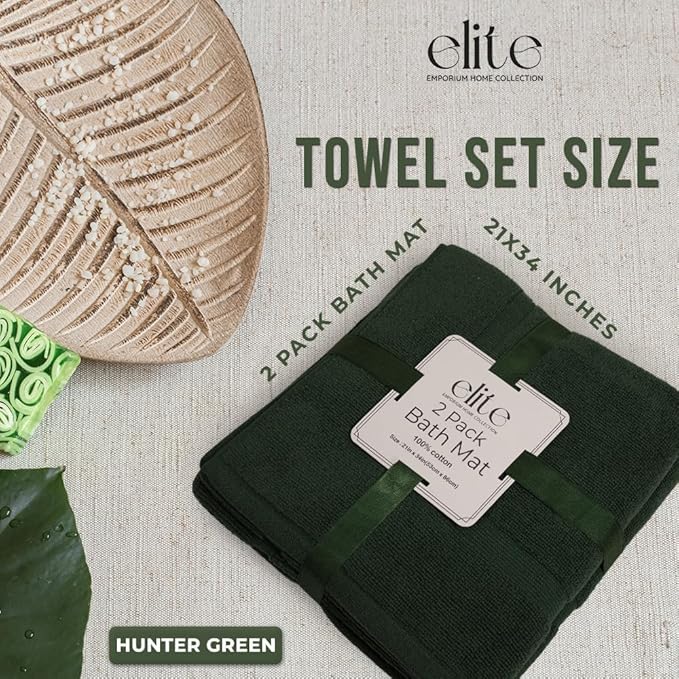 ELITE Emporium Home Collection 2-Piece Cotton Bathroom Mat Set, 21" x 34" - 100% Cotton, Absorbent, Quick-Dry, Bath Towel Mats for Floor, Hunter Green [Not a Bathroom Rug]