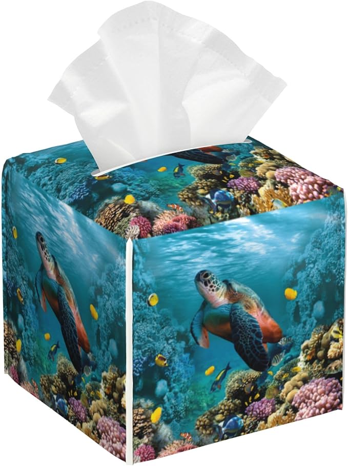 POIUBLE Leather Tissue Box Holder Sea Turtle Tissue Box Cover Square Waterproof Tissue Holder Organizer Modern Napkin Holder for Bedroom Dresser Night Stand Office Desk