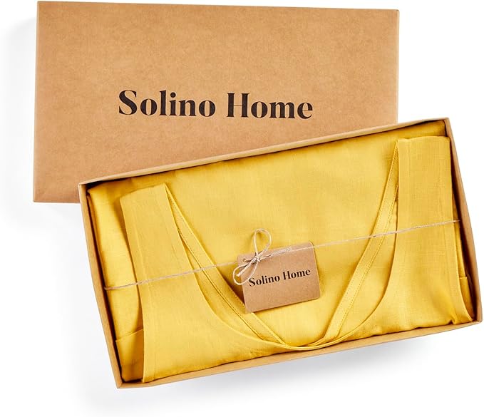 Solino Home Cross Back Linen Apron with Pockets for Gardening, Kitchen - Marigold Yellow Pinafore Smock Apron 100% Pure Linen for Men & Women - Handcrafted from European Flax