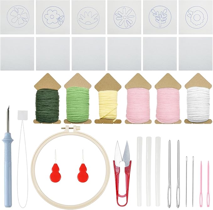 Allazone Punch Needle Kits, Punch Needle Coasters Kit, Punch Embroidery Kit with Felt Yarns Hoop Tools for DIY Coaster Crafts (Flowers)