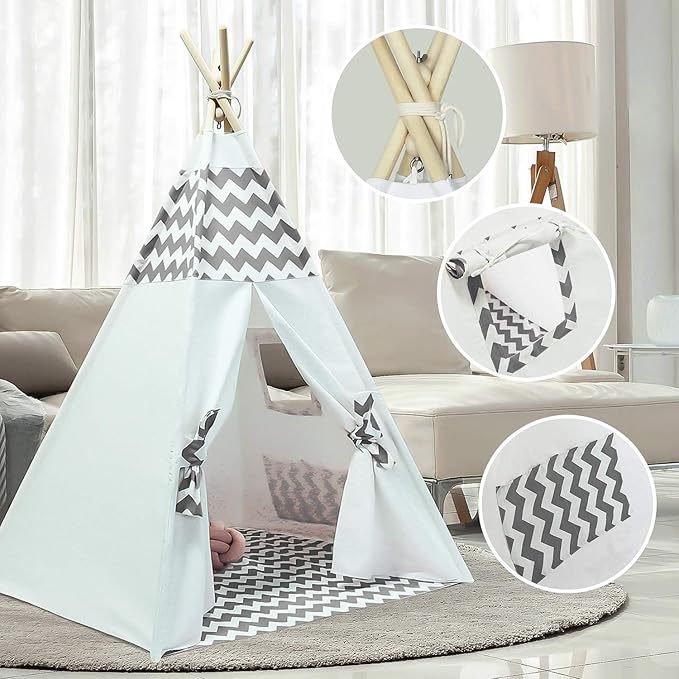 Ukadou Boys Teepee Tent for Kids Teepee Baby Teepees for Boys Girls Baby Kids Tent Indoor Tepee Grey Chevron Tepees Toddler Tent with Floor & Carry Case