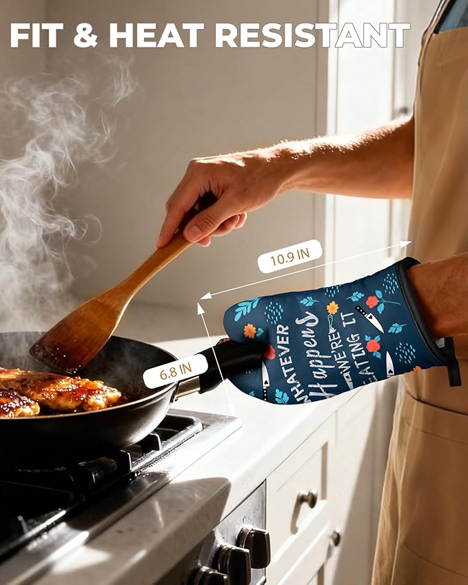Slohif Funny Oven Mitt Heat Resistant for Women - 2 Pack Blue Cute Novelty Cool Kitchen Oven Mittens with 100% Cotton for Baking and Cooking Accessories