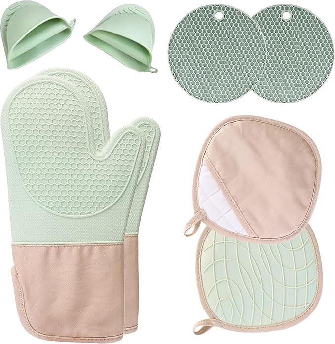 8-Piece Silicone Oven Mitts Set,Heat Resistant Kitchen Gloves with Soft Cotton Lining, Pot Holders,Silicone Trivet Mats,& Mini Mitts for Cooking,Baking,BBQ(Light Green)