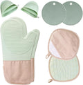 8-Piece Silicone Oven Mitts Set,Heat Resistant Kitchen Gloves with Soft Cotton Lining, Pot Holders,Silicone Trivet Mats,& Mini Mitts for Cooking,Baking,BBQ(Light Green)