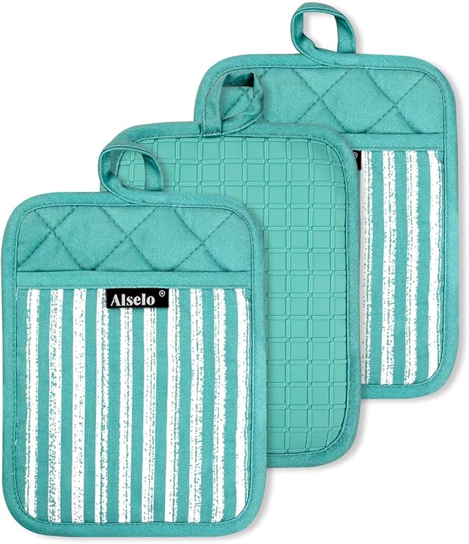 Silicone Pot Holders Set of 3 Heat Resistant & Non Slip Potholders, Professional Oven Hot Pads with Pockets Mitts for Kitchen Cooking Baking Barbecue
