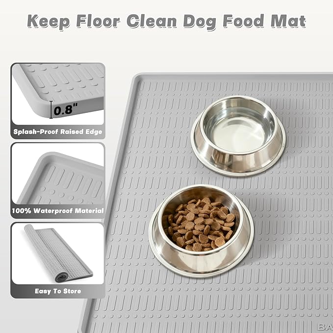 47" x 35" Silicone Dog Food Mat, Waterproof Pet Feeding Mat with Raised Edge, Extra Large Dog Bowl Mat Non-Slip Water Bowl Placemats for Dogs, Protects Floors, Easy to Clean (Light Gray)