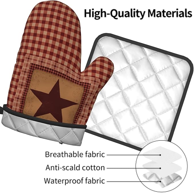 Western Star Oven Mitts and Pot Holders Sets, Vintage Red Checked Heat Resistant Kitchen Gloves 2-Pack Set,Primitive Farmhouse Decor Oven Gloves Pot Holder for Baking Grilling Barbecue Microwave Gift