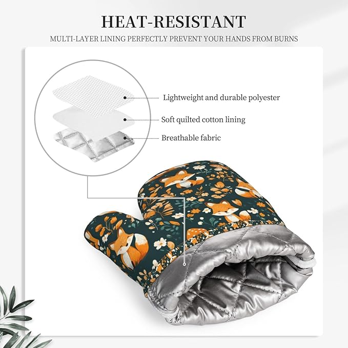 Oven Mitts 2 Pack, Silicone Kitchen Gloves, Heat Resistant with Non-Slip Grip and Soft Quilted Cotton Lining for Cooking Barbecue Backing (Fox)