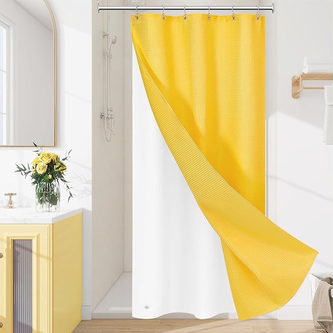 Craidlela 3 in 1 Stall Half Size Yellow Shower Curtain Set-36 W x 72 H, Modern Waffle Waterproof Fabric and PEVA Liner Set with Stainless Steel Hooks