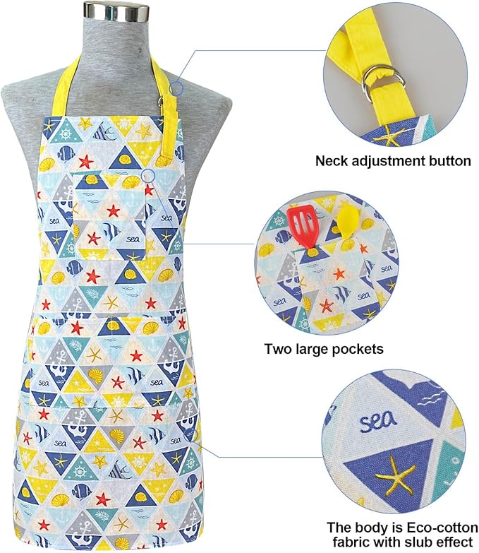Oven Mitts and Pot Holders with Chef Apron,Set of 5 Heat Resistant Kitchen Gloves and Silicone Non-Slip Potholders Adjustable Neck Buckle Apron, Cotton Nice Design for Cooking (Sea Fish)