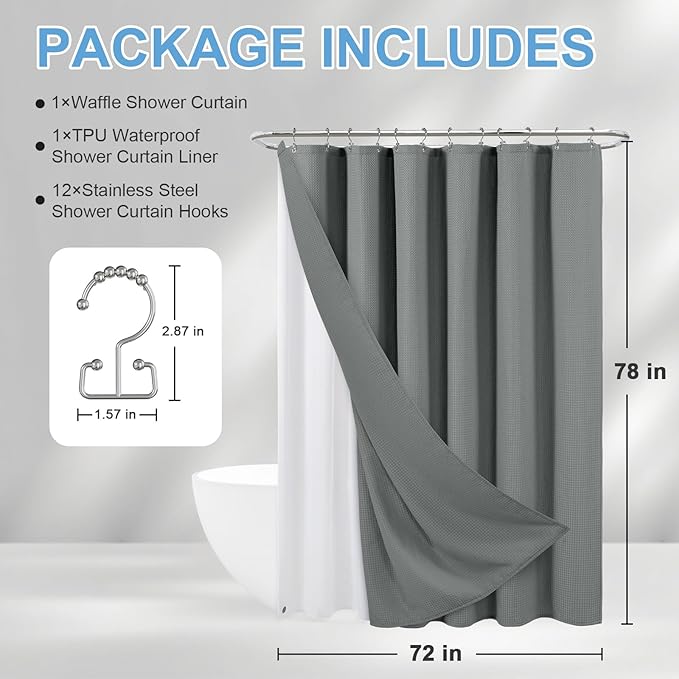 ROLIZOE 3-in-1 Waffle Texture Shower Curtain Set with TPU-Coated Waterproof Liner and 12 Upgraded Double-Sided Hooks, Well-Matched Sizes for a Seamless Fit – Gray, 72" x 78"