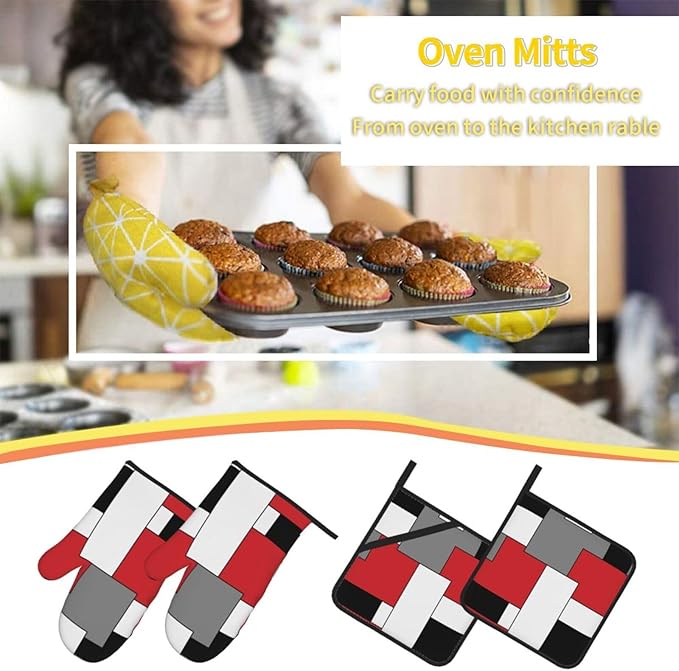 Red White Black Grey Geometry Oven Mitts and Pot Holders 4 Pcs Set Geometric Oven Gloves and Potholders for Cooking Microwave BBQ Baking Grilling