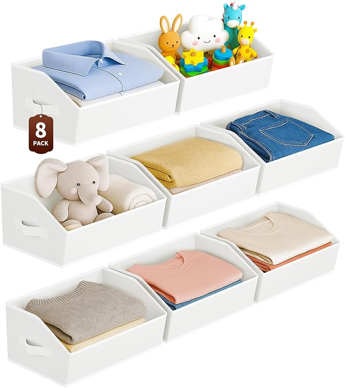 Homsorout Large Closet Organizers and Storage Bins - 8 Pack Trapezoid Storage Baskets for Shelves, Foldable Fabric Baskets with Handles Ideal for Closet, Basket, Wardrobe and Shelf Storage, Light Grey