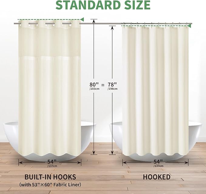 eachope Stall No Hook Shower Curtain with Snap-in Fabric Liner Set,Waffle Weave Shower Curtains for Bathroom,Hotel Luxury Decor Bathroom Curtain Set,Waterproof & Washable,Cream,54Wx80H