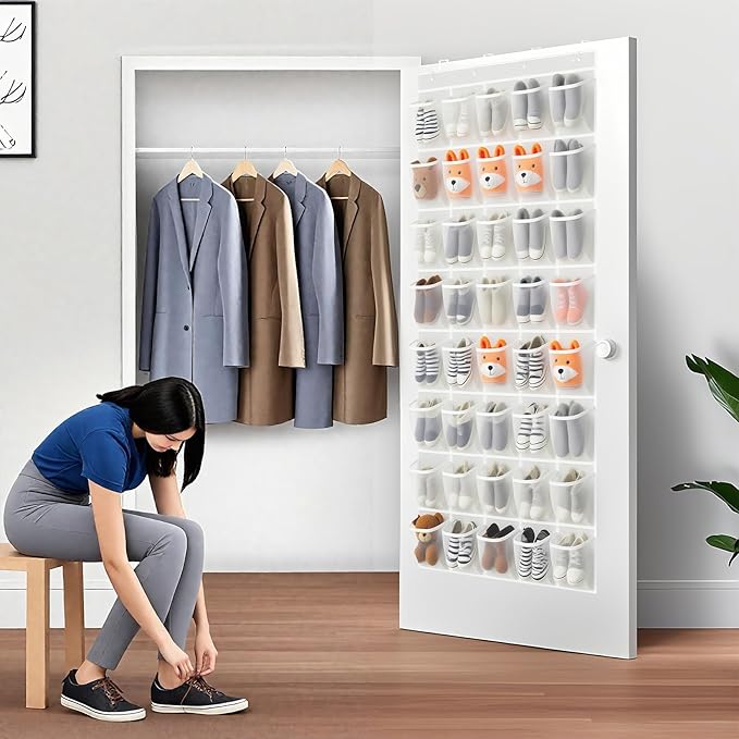 Hualleko 40-Pocket Over the Door Shoe Organizer - Large Mesh Pocket Hanging Shoe Rack for Door, Shoes Storage Holder Sturdy Non-woven Fabric - Stores 20 Pairs (White02)