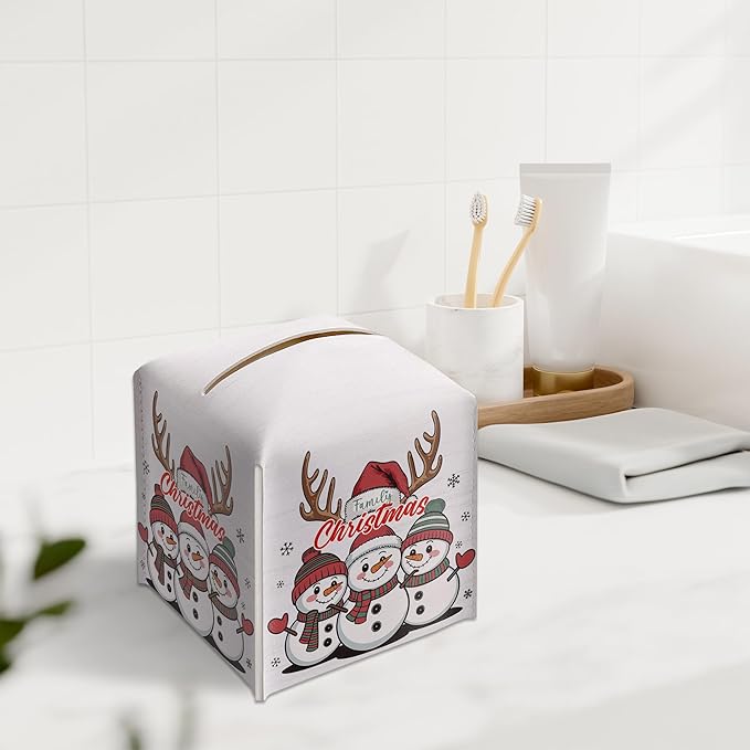 Christmas Snowman Tissue Box Holder, First Christmas as A Family of Three Leather Tissue Box Cover Square, Paper Facial Decorative Tissues Cover for Night Stands Bathroom Office Home Decor-B02