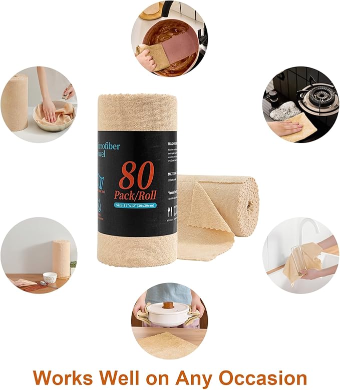 Tigona 80 Pack Microfiber Cleaning Cloth Roll,Lint Free Rags & Tear Away Reusable Towels Washable Scratch,Ultra Absorbent Dish Rags(12" x 12") for Car Kitchen Home Garage-Apricot Yellow