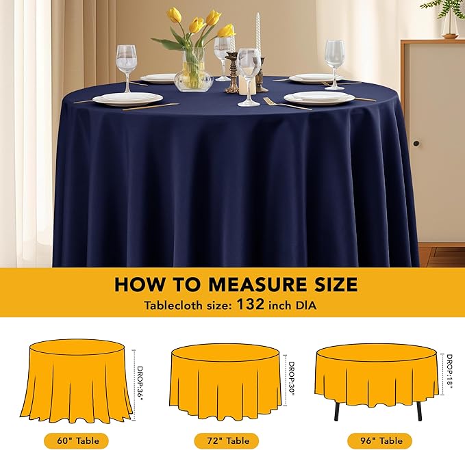 6-Pack Navy Blue Round Tablecloths, 132 Inches, Stain-Resistant Polyester for 6-8 Ft Round Tables - Washable Table Covers for Weddings, Banquets, Birthday Parties, Events