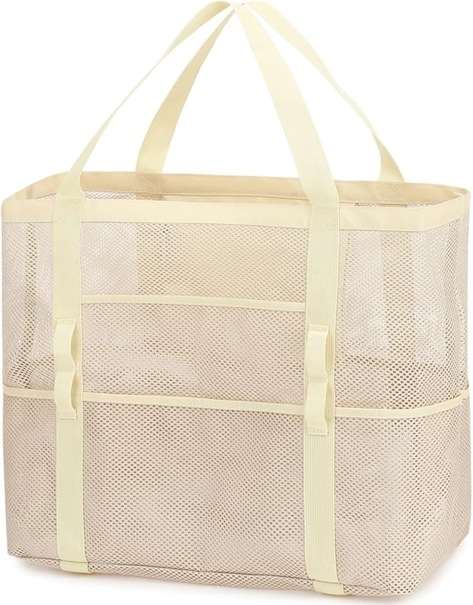 Fammart Mesh Beach Bag, Large Beach Tote with Zipper Pocket for Family Pool Bag for Toys & Vacation Essentials