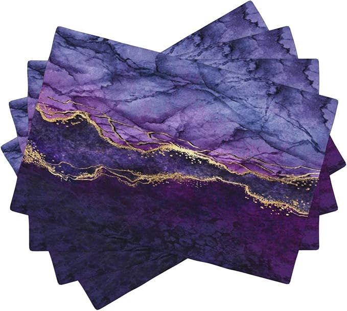 Purple Marble Placemats, Abstract Elegant Art Marble Floral Art Accents Print Washable Fabric Placemats Table Kitchen Dining Party 12x18 Inch Set of 4