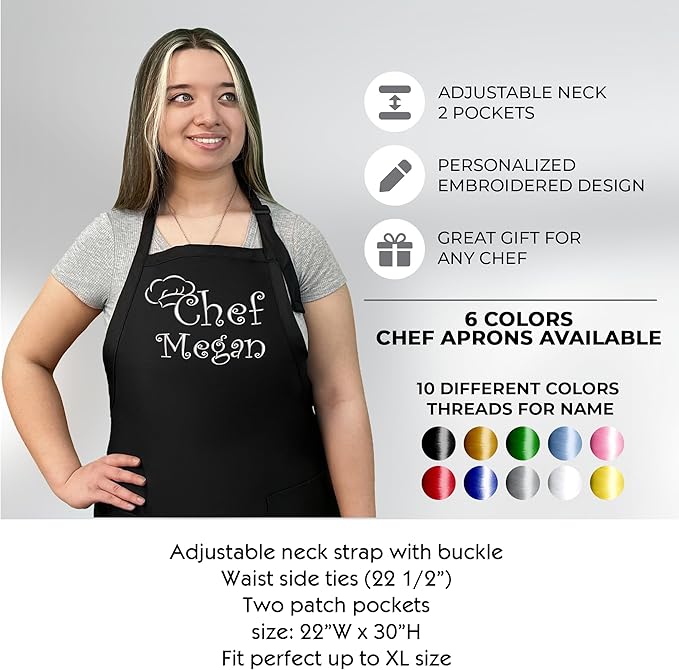 Personalized Apron With Name. Premium Quality Apron for Men and Women - 6 colors available - Chef, Cooking, Grilling, or Baking
