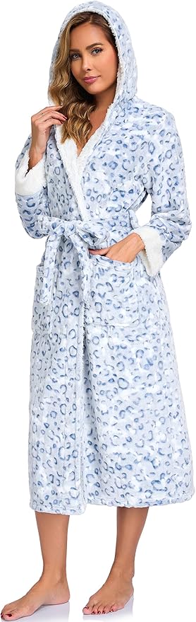 RONGTAI Womens Plush Fleece Hooded Bathrobe, Thick Nightgown Long Robe Sleepwear with Two Side Pockets and Belt