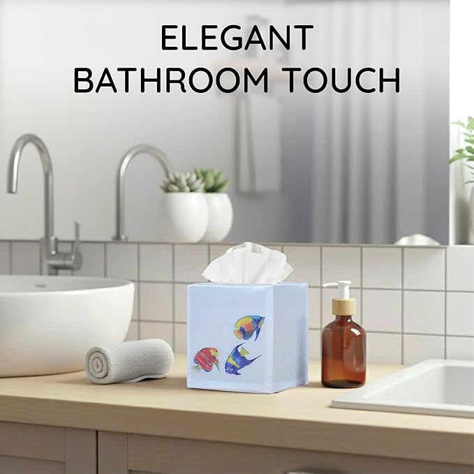 EmbroideryLinen.VN Tissue Box Cover Set of 2, Square Cotton Tissue Holder, Printed Animal Pattern, 4.5x4.5x5.5 Inches, Decorative Holder for Bathroom, Living Room, Office (Fish)