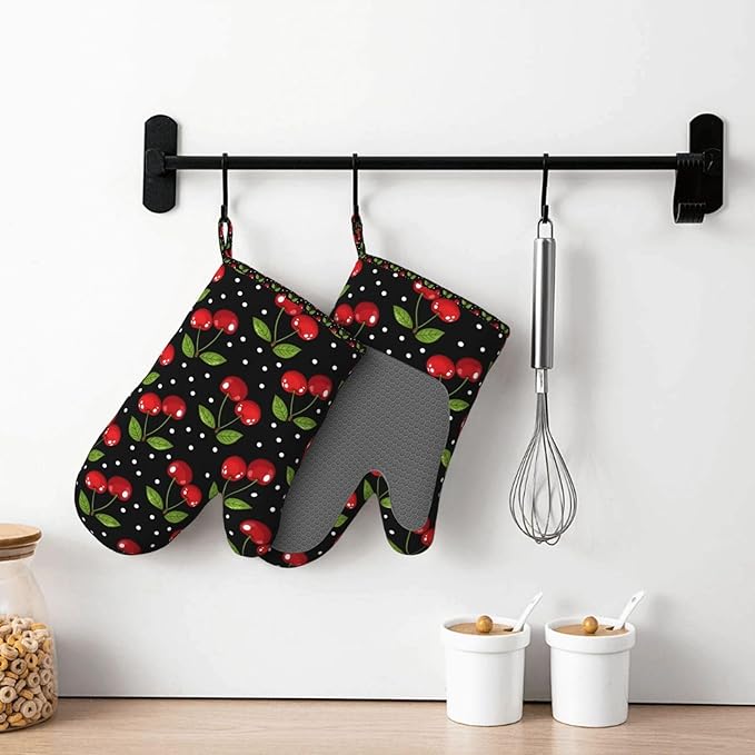 Heat Resistant Oven Mitts 2 Pack, 500°F Silicone Oven Gloves with Non-Slip Grip, Soft Quilted Cotton Lining for Baking, Grilling, BBQ, Cooking (Cherry)