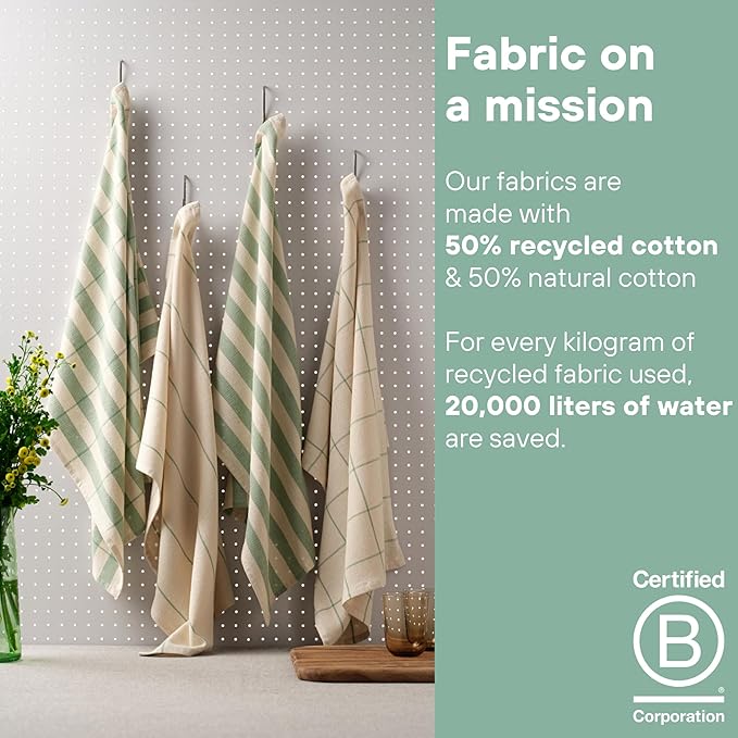 MEEMA Home & Kitchen Towels & Dishcloths Sets of 4 | Large 18 x 28 Kitchen Essentials & Hand Towels | Upcycled Cotton Tea Towel & Hand Towel | Dish Cloths for Washing Dishes | Sage Green Stripes