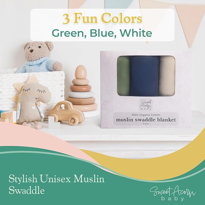 Sweet Acorn Muslin Swaddle Blanket – Soft Cotton Muslin Baby Blanket for Newborns, Infants, and Toddlers, All-Season Comfort Baby Essential - Green, Blue, White