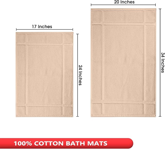 Ample Decor Bath Mats 100% Cotton 24 X 17 & 34 X 20 Inches, Oeko Tex Certified 1350 GSM Solid Construction Thick & Plush, Super Absorbent for Bathroom Floor, Shower – Beige