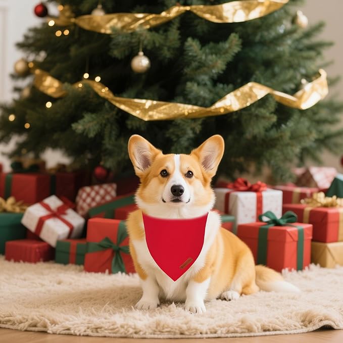 ADOGGYGO 2 Pack Red Green Dog Bandanas, Soft Cotton Solid Color Pet Triangle Scarf, Adjustable DIY Christmas Bandanas for Small Dogs (Small)