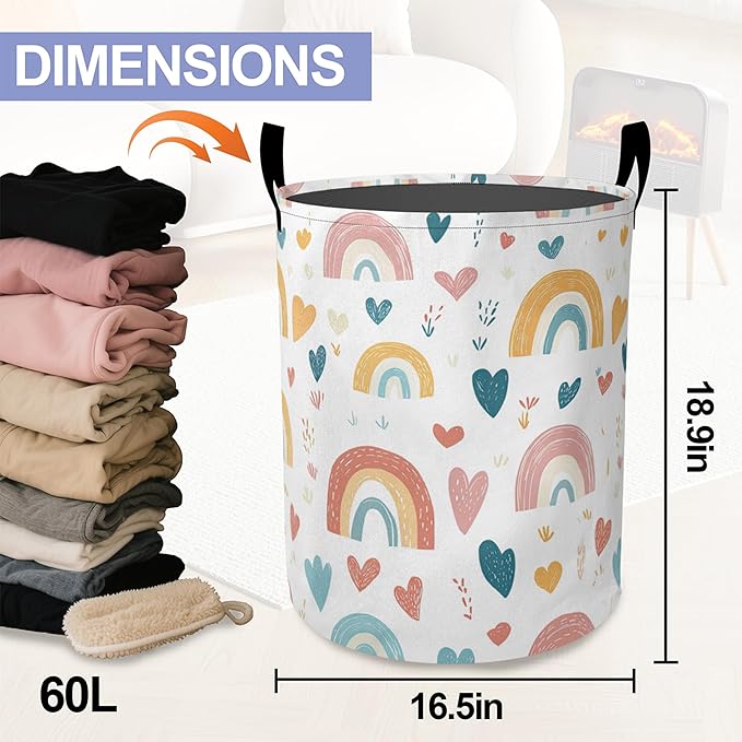 Laundry Basket,Cartoon Rainbow Large Canvas Fabric Lightweight Storage Hamper Organizer Dirty Clothes Collapsible Waterproof for College Dorms,Bathroom