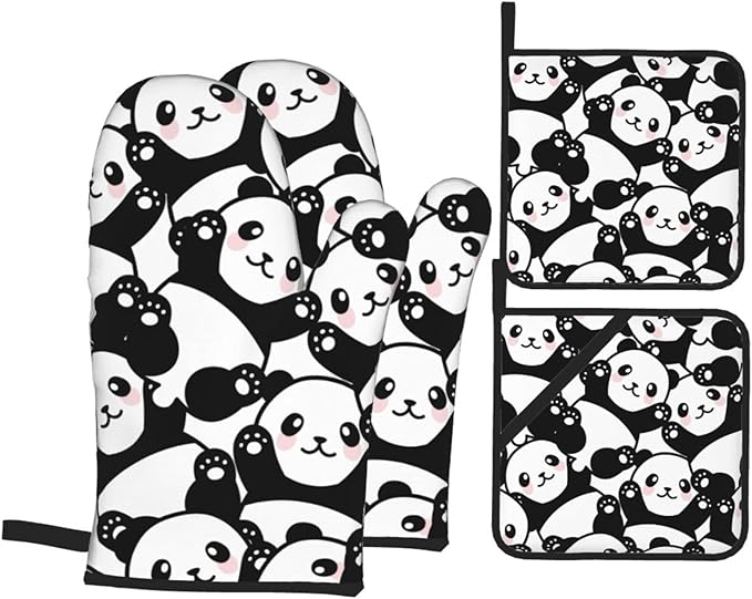 Cute Panda Oven Mitts and Pot Holders Set of 4, Oven Mittens and Potholders Heat Resistant Gloves for Kitchen Cooking Baking Grilling BBQ