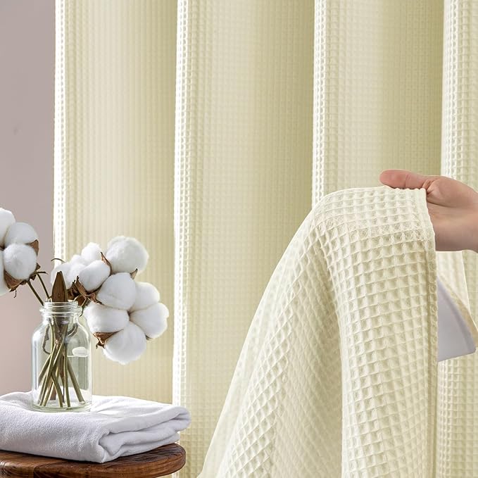 River Dream Cream Fabric Shower Curtain Set, Cotton Blend, Waffle Weave, with Snap in Replacement Liner，54 x 80 inches