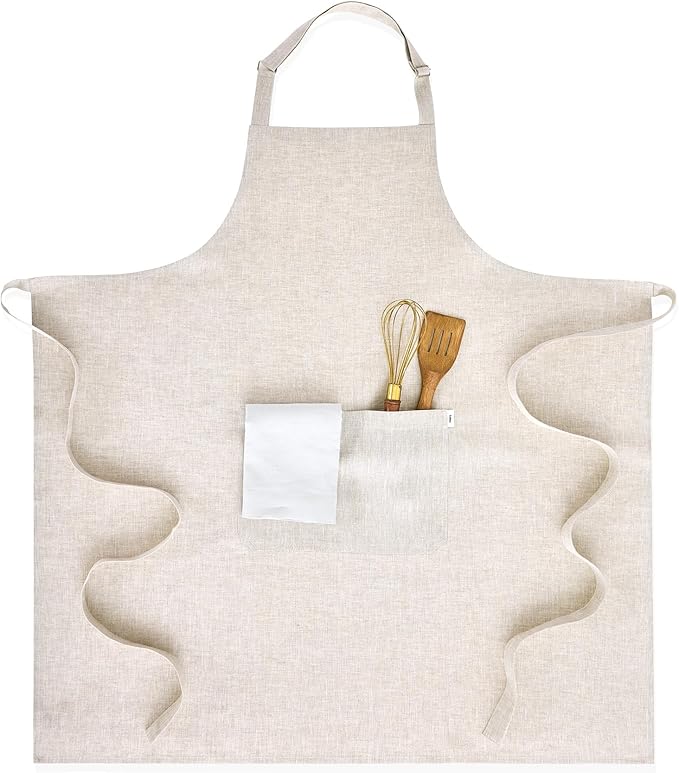 Solino Home 100% Pure Linen Apron for Women & Men - Full Midi Bib Apron Adjustable Neck Strap with Center Pockets for Kitchen