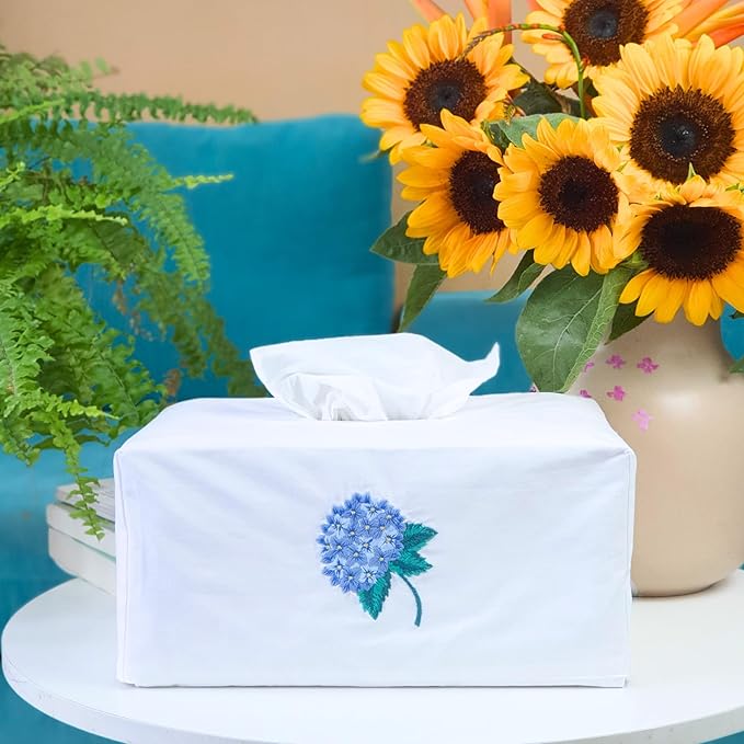 Fabric Tissue Box Cover Set of 2, Vintage Floral Embroidery Hydrangea Tissue Holder, Bouquet Wrapping Bag, Car Tissue Holder, Tissues Box Cover Rectangular 9.8"X5.9"X4.7", White Tissue Box Cover