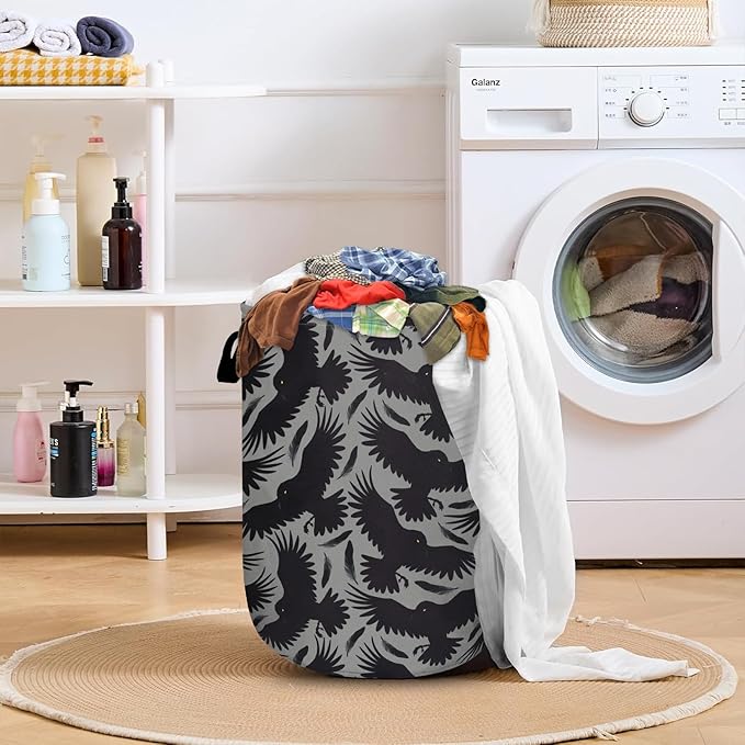 Crow Feather Laundry Basket with Sturdy Handles, Black Bird Collapsible Oxford Cloth Laundry Hamper Organizer Basket for Bathroom Bedroom 15.7x20 Inch