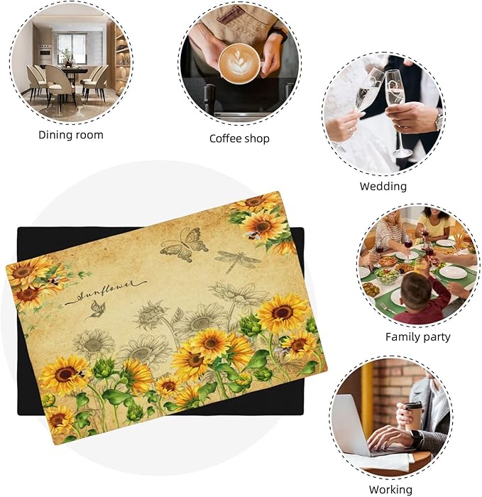 Sunflower Placemats, Rural Vintage Old Watercolour Sunflower Butterfly Flower Bee Print Washable Fabric Placemats Table Kitchen Dining Party 12x18 Inch Set of 4