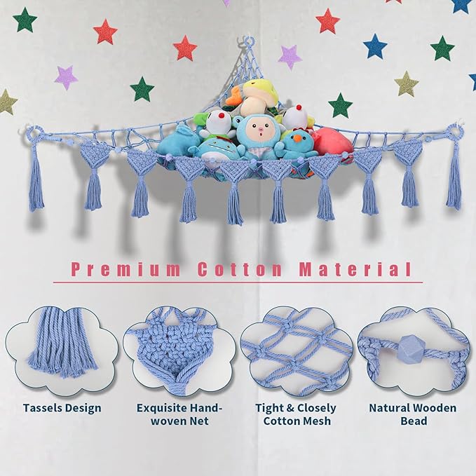 iHansee Stuffed Animal Hammock Corner - 56'' Jumbo 5mm Double Macrame Cord Handcrafted Stuffed Animal Net - 100% Natural Cotton Toy Hammock Holder - Cornflower Blue Stuffy Plushie Net w/LED Star Light