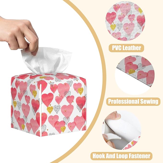 BLYKVGHQ Watercolor Pink Hearts Tissue Box Cover Square, Tissue Box Holder with Bottom Belt Leather Facial Paper Organizer Dispenser for Bathroom Bedroom Dresser Night Stand Tabletop