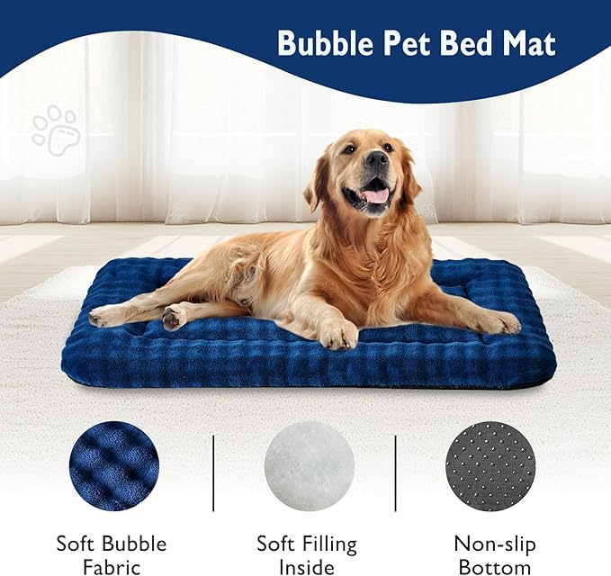 Yaning Dog Bed Mat Crate Pad for Large Dogs, Washable Soft Pet Sleeping Mat Kennel Pad with 3D Bubble Pattern, Navy Blue, 42"x 28"