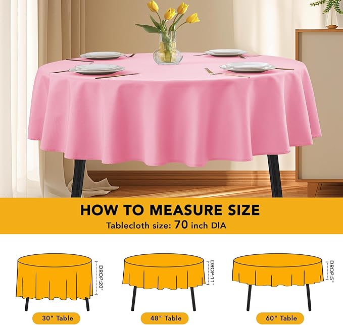 10-Pack Pink Round Tablecloths, 70 Inches, Stain-Resistant Polyester for 3-4 Ft Round Tables - Washable Table Covers for Weddings, Banquets, Birthday Parties, Events